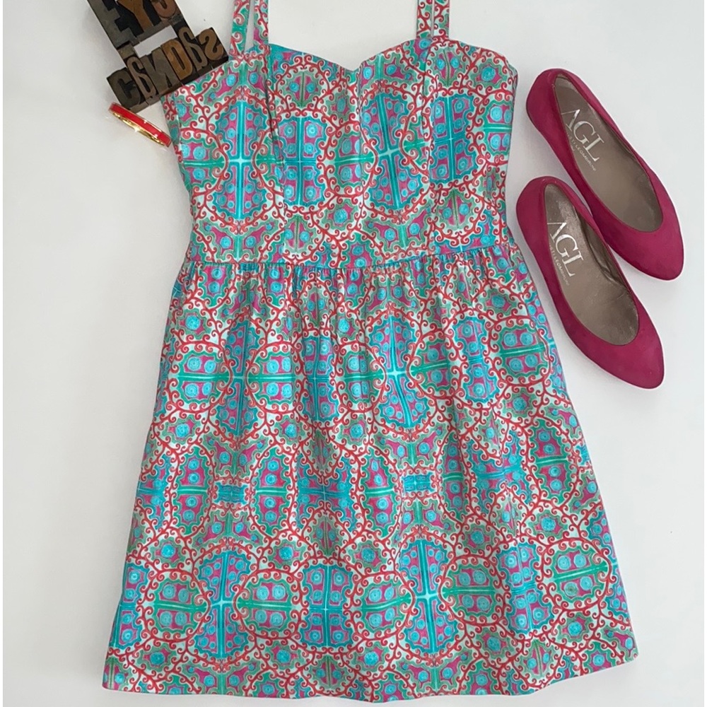 KAELI SMITH Resort Wear Fit and Flare Aqua & Pink Print Sundress